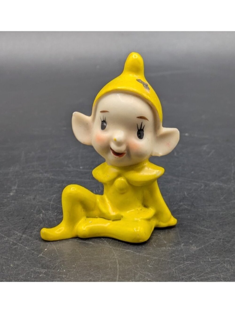 Vtg Miniature Yellow Porcelain Pixie Elf Figurine Smiling Knee Up Japan 2.25"